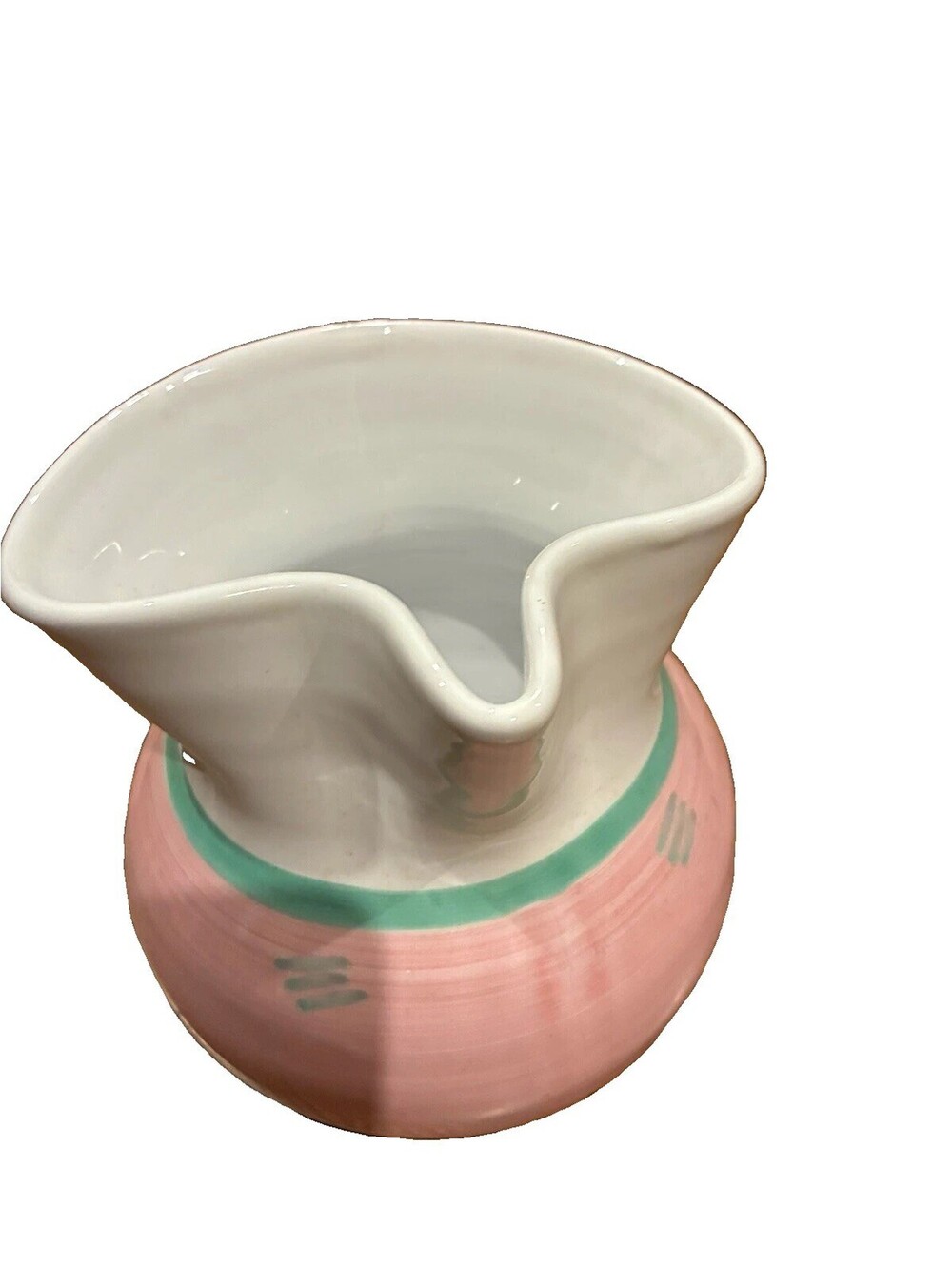 Vintage Pastel Pink & Seafoam Green Ceramic Pitcher | Hand-Painted Wavy Rim